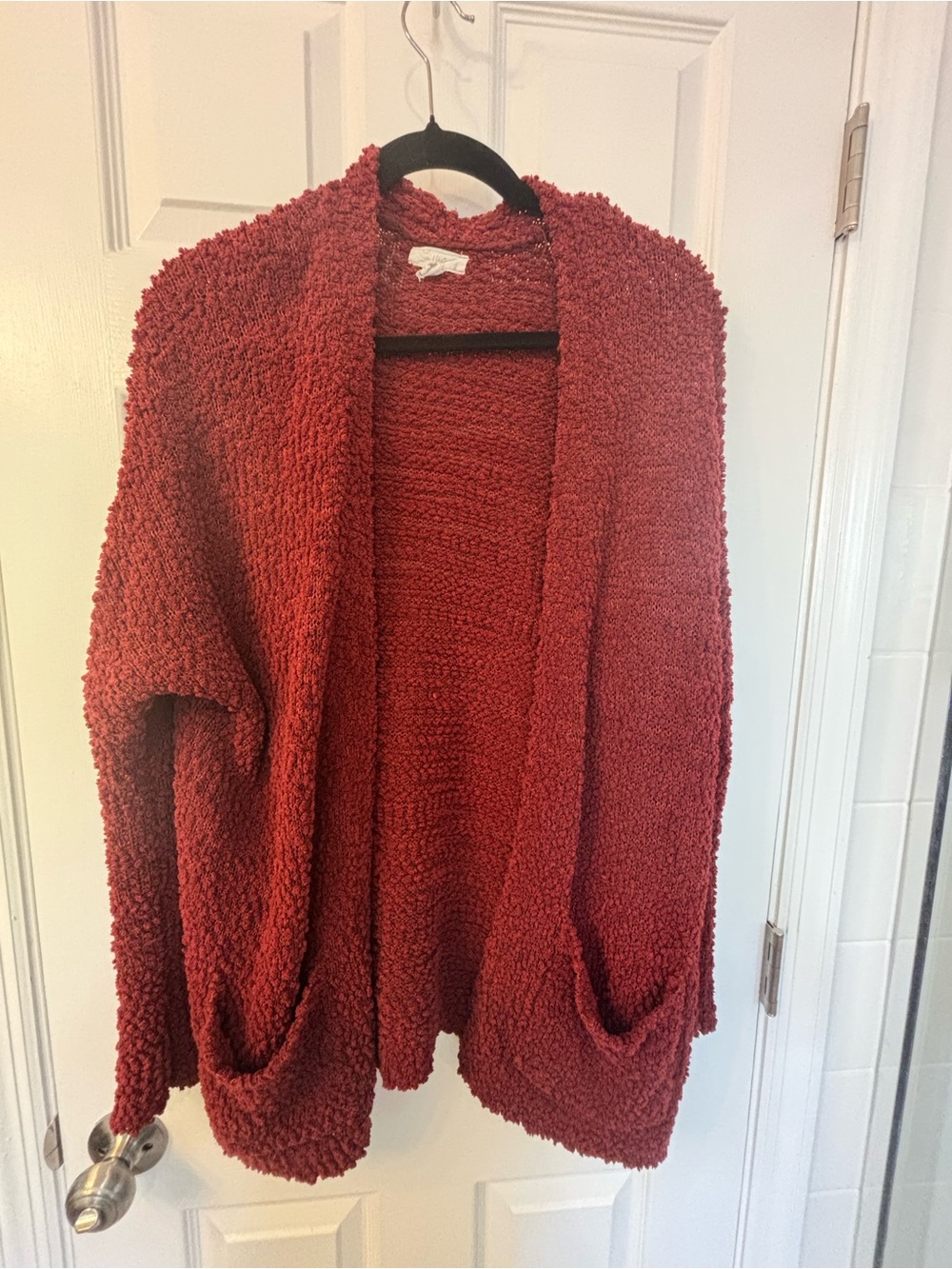 Cupio Popcorn Knit Cardigan Small Rust Red Open Front Cozy Sweater w/ Pockets